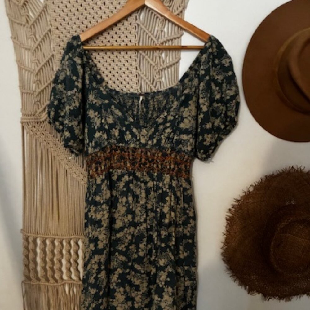 Free People Teal Floral Maxi Dress with Cream Print